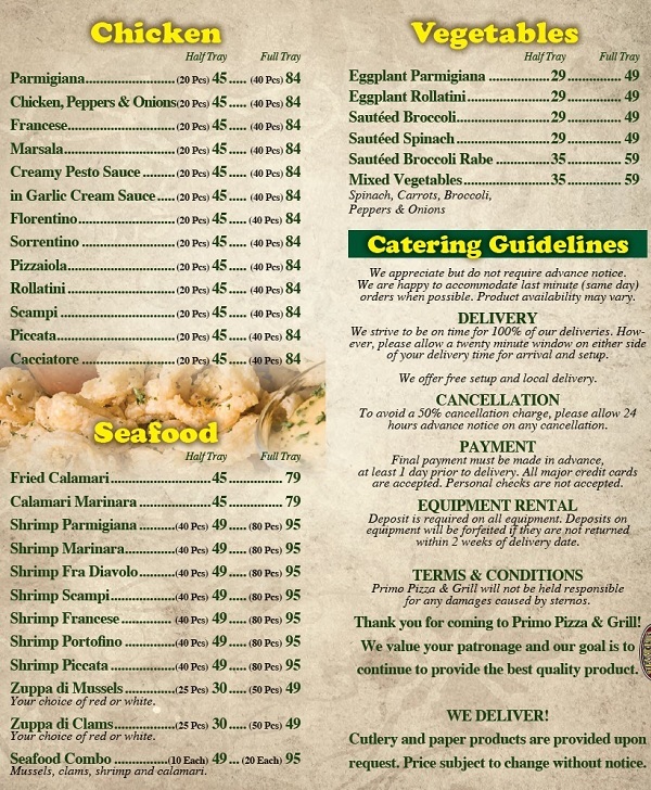 Primo Pizza & Grill- Catering Menu